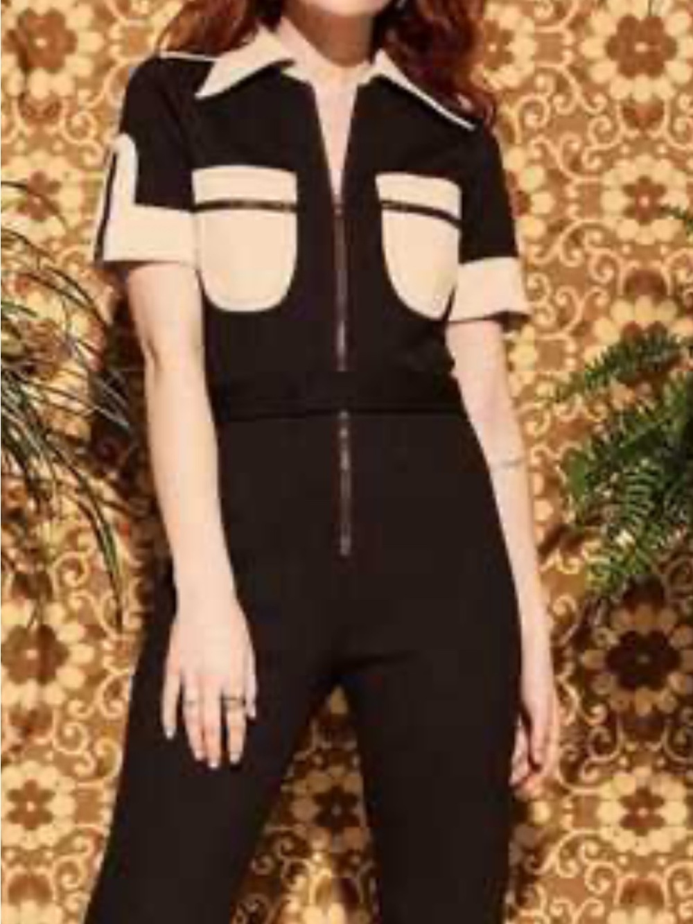 The Hippie Shake HEROES "Ramble On" Brown/Cream Zip 70s Flare Jumpsuit - Size 2